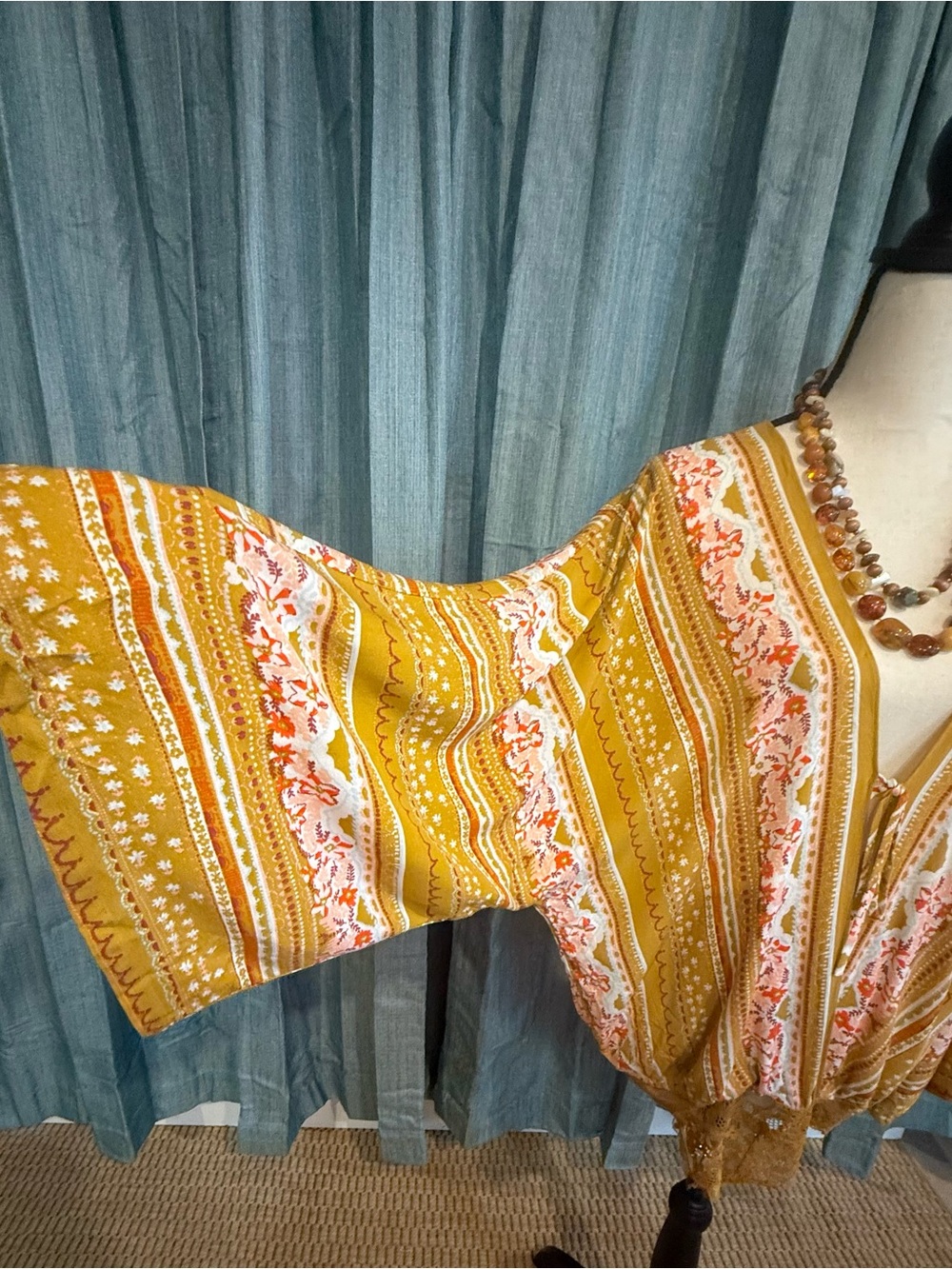 Free People Mustard Floral V-Neck Lace-Hem Tunic - Picture 5 of 6